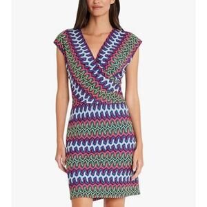 Maggy London Womens Crochet Stripe Surplic Pink Green Blue Size 10‎ NWT $149